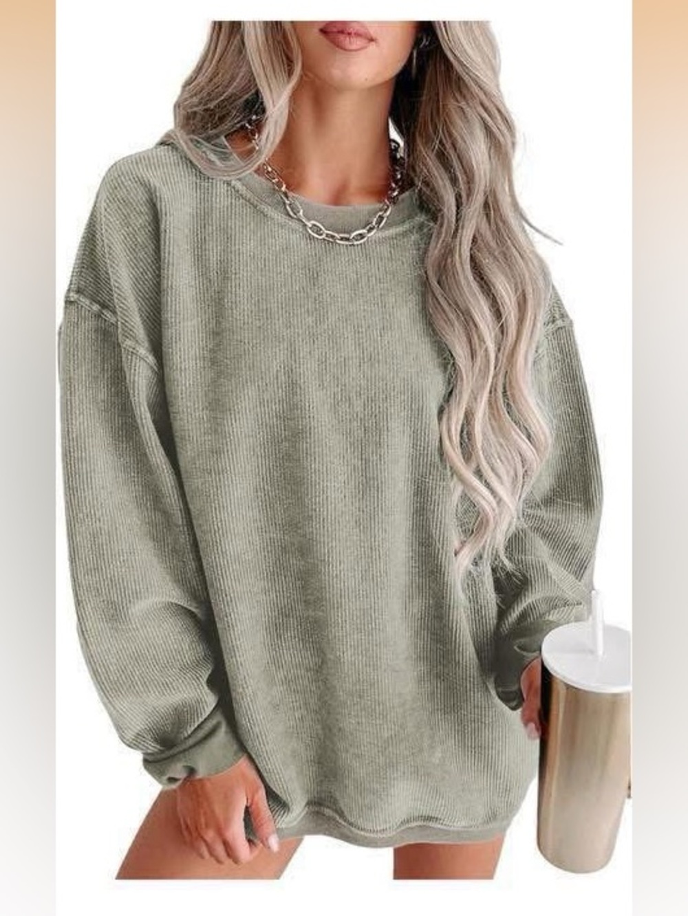 Cozy Oversized Ribbed Sweatshirt - Sage Green